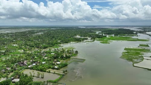 Flooding, submerged homes, roads, and agricultural fields, Satkhira, Bangladesh, Aerial view