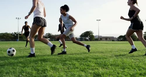 Active Young Adults Play Soccer Game on Grass Field