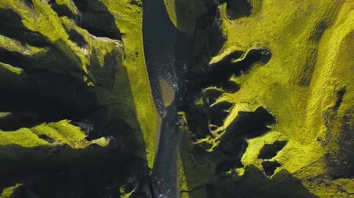 Aerial Drone View, Flying Through Fjadragljufur Canyon. Iceland, Sunny Day, Top View Ver 2