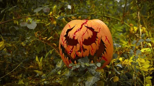 Creepy Bleeding Pumpkin Smiling Wickedly in Cursed Autumn Forest Soft Haze Glowing in Early Mist