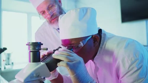 Scientists Working with Microscope and Laptop in Lab