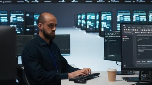 Engineer Writing Code in High Tech Facility with Server Rows