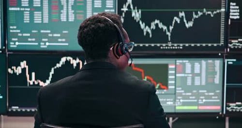 Black man, back and screen with headphones for stock market investment, finance
