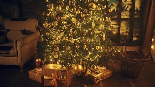 Christmas Tree with Golden Ornaments and Gifts