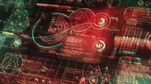 Display frontal futurista mostrando diagramas circulares rotativos