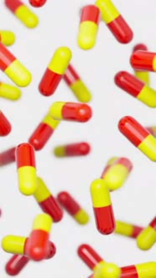 Capsules Falling on White Background Pharmaceutical Concept