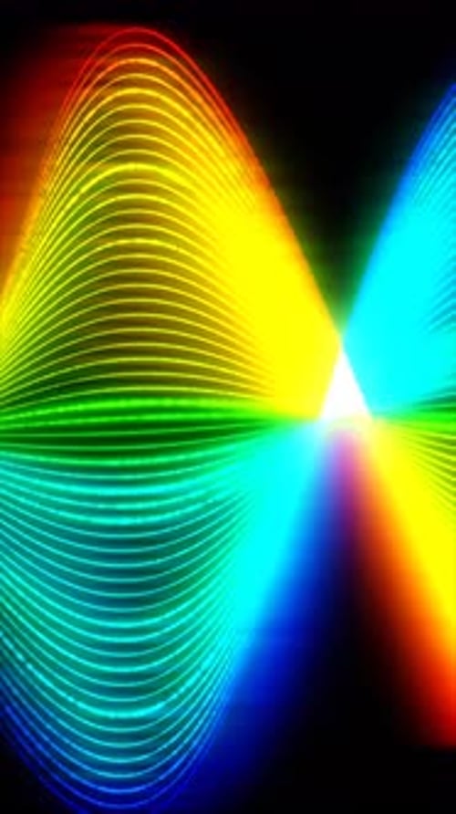 Vibrant rainbow-colored light waves intersecting in a bright glowing center on a black background