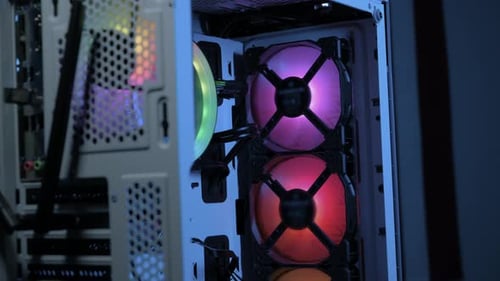 Computer Tower Interior with Illuminated Cooling Fans