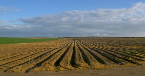 Aerial view of a plowed field in a endless plain on a sunny day.