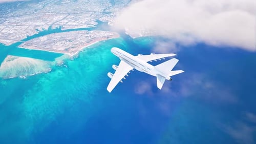 A passenger plane flying over a city