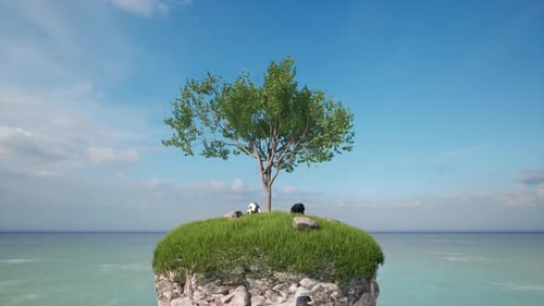 Floating Island Over the Ocean Goats Graze in the Meadow