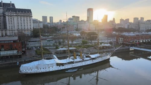 Museum Ship Of ARA Presidente Sarmiento Moored In Puerto Madero, Buenos Aires, Argentina With Backli