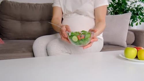 Pregnant Woman Eats Green Salad on Sofa