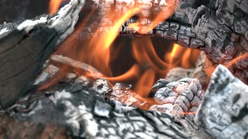 Burning Firewood with Glowing Flames and Charcoal