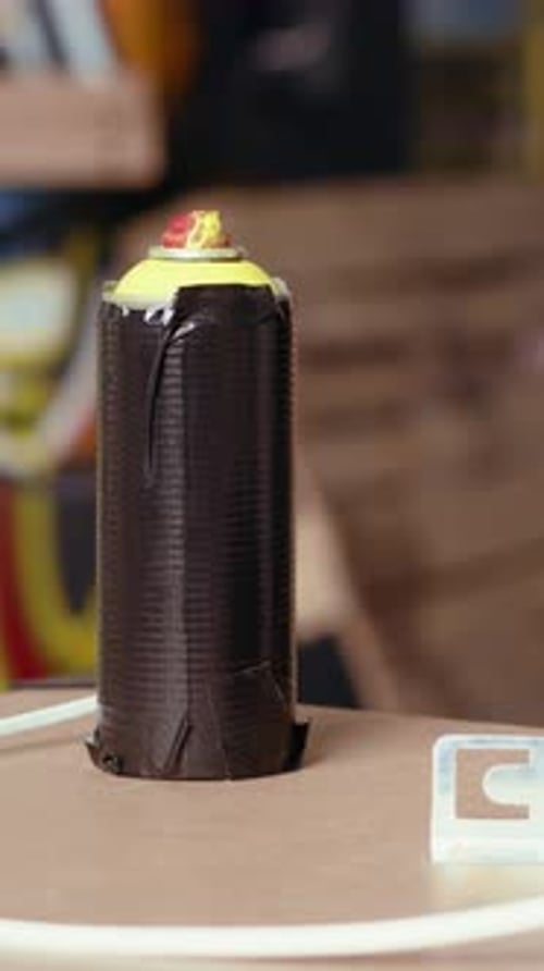 Vertical Video Close Up of Spray Cans in Colorful Basement Filled with Graffiti Art