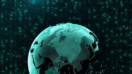 Digitale Globe-Weltkarte über grünem Schaltkreishintergrund