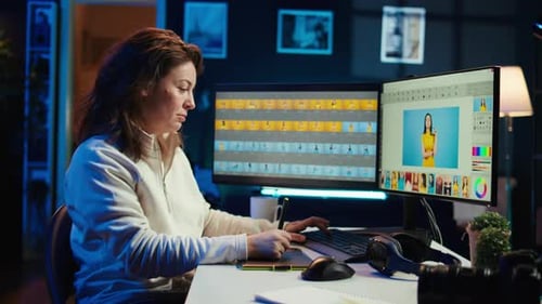 Woman Works in Digital Photo Editing Studio