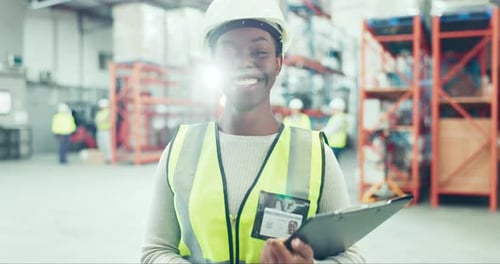 Engineering, clipboard and face of black woman in a warehouse for inventory