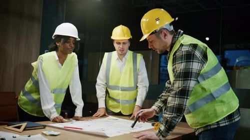 Discussion Between Multiracial Architects and Engineers Over Blueprints in an Office Space with