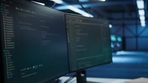 Close Up of PCs Used By Futuristic Server Hub Workplace Admins