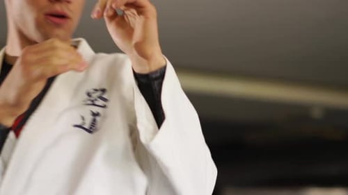Focused Man Practices Martial Arts Punches