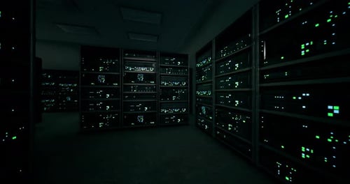 High Tech Data Center Filled with Illuminated Server Racks at Night