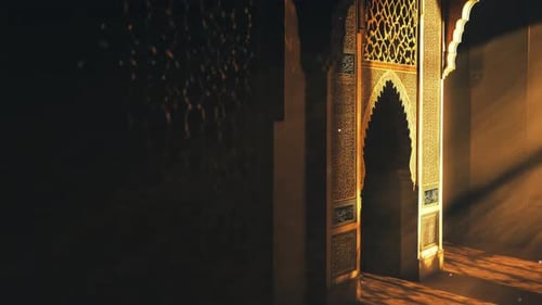 Golden Islamic Archway Entrance with Sunlight for Ramadan Eid