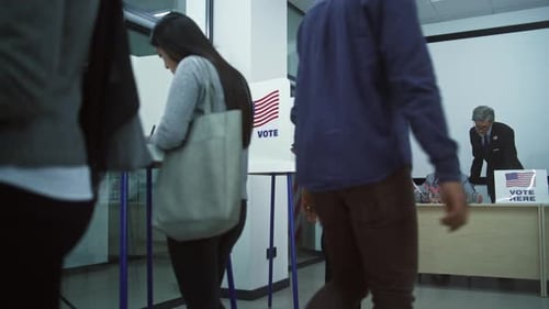 Multicultural American Citizens Vote in Booths in Polling Station