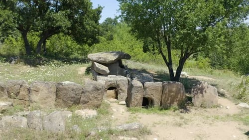 Historic Two-chamber Dolmens At Hlyabovo On A Suny Day In Bulgaria. - aerial shot