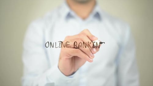 Online Banking, Man Writing on Transparent Screen
