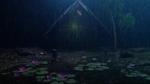 Night Rain Falls On A Wooden House With A Lotus Lake In The Remote Countryside