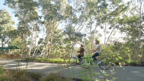 Couple riding bicycles through a sunny park