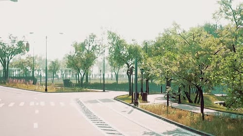 City Street with Empty Road and Morning Light in Europe