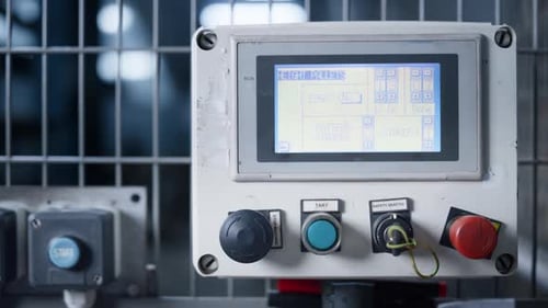 Bildschirm der Fabrikmaschine zur Steuerung des Produktionsprozesses mit Nahaufnahme der Daten. Moderner technologischer Mensch