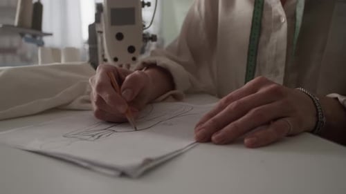 Fashion Designer Drawing Dress Sketch in Studio