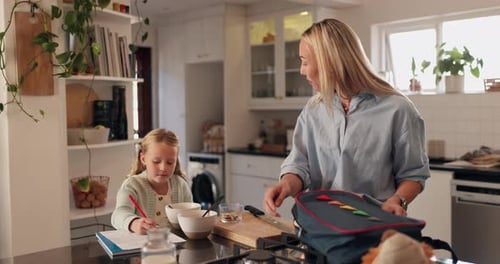 Home, mom and packing lunch for child, backpack and preparation for back to school