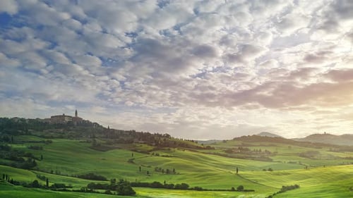 Tuscany landscape 4k time-lapse, location: Val d'Orcia, in the distance you can see the small town o