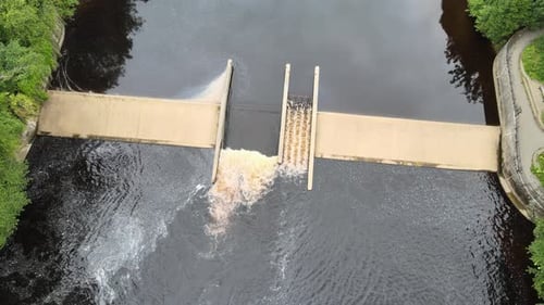 Drone Overhead of Weir and Salmon ladder on River Tees at Barnard Castle
