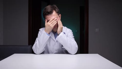 Worried Doctor With Head in Hands at Desk