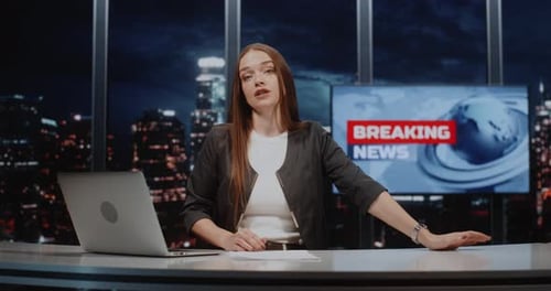 Female News Anchor Delivering Breaking News in Studio