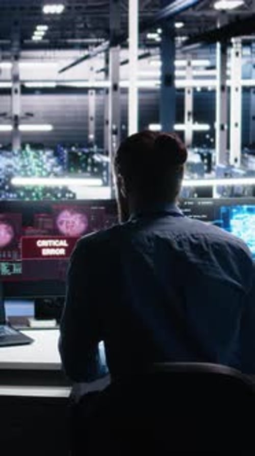 Vertical Video Annoyed Data Center Programmer Struggles with Malfunctions Gear While Using AI