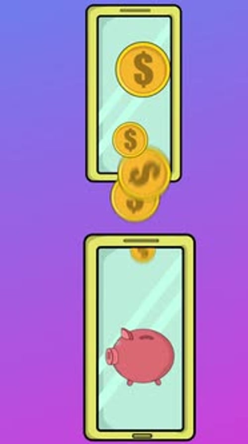Monedas que caen de la pantalla superior del teléfono a una alcancía dentro de la vertical inferior del teléfono