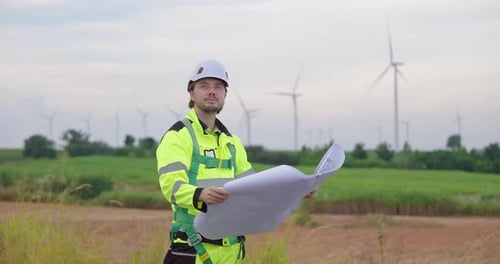 Engineer examining blueprint with wind turbines in background, professional worker focusing on
