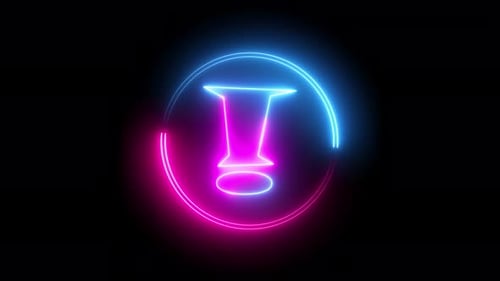 Blue and pink color glowing neon line circle with exclamation mark. Vd 1138
