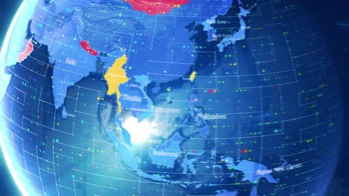 Futuristic Rotating Earth Map with Highlighted Countries and Data