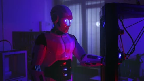 Robotic Technician Finetunes Machinery While Illuminated By Vivid Red Neon Lighting in Busy Workshop