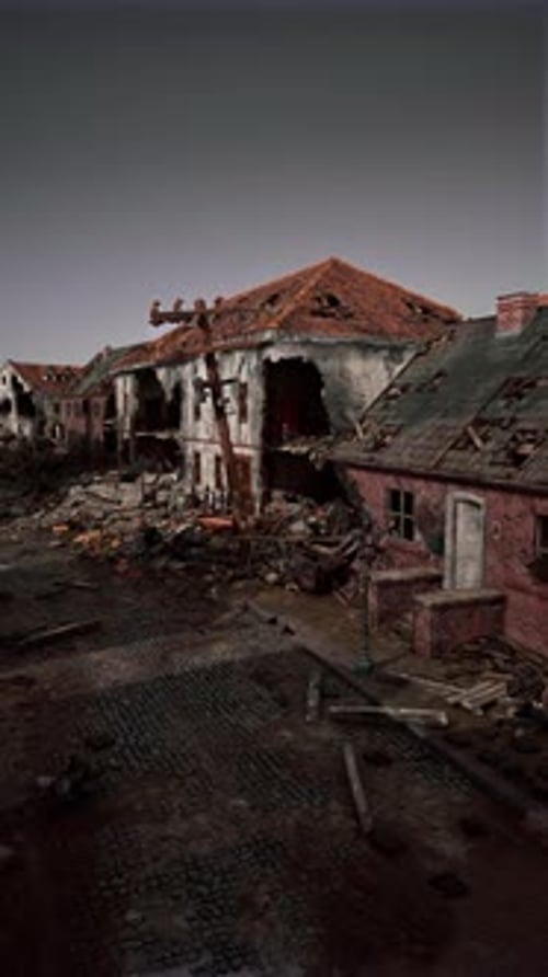 Damaged Buildings in Dirt After Military Conflict