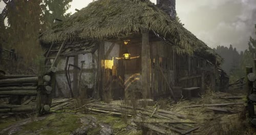 Old Rustic Cottage Surrounded By Trees in a Misty Forest During Twilight