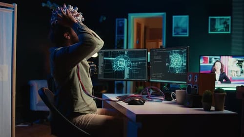 Científico informático pone auriculares EEG en Starting Mind Upload Process