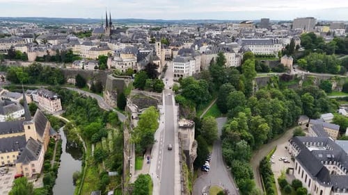 Aerial footage of Upper Town (Ville Haute), part of Luxembourg City, Luxembourg